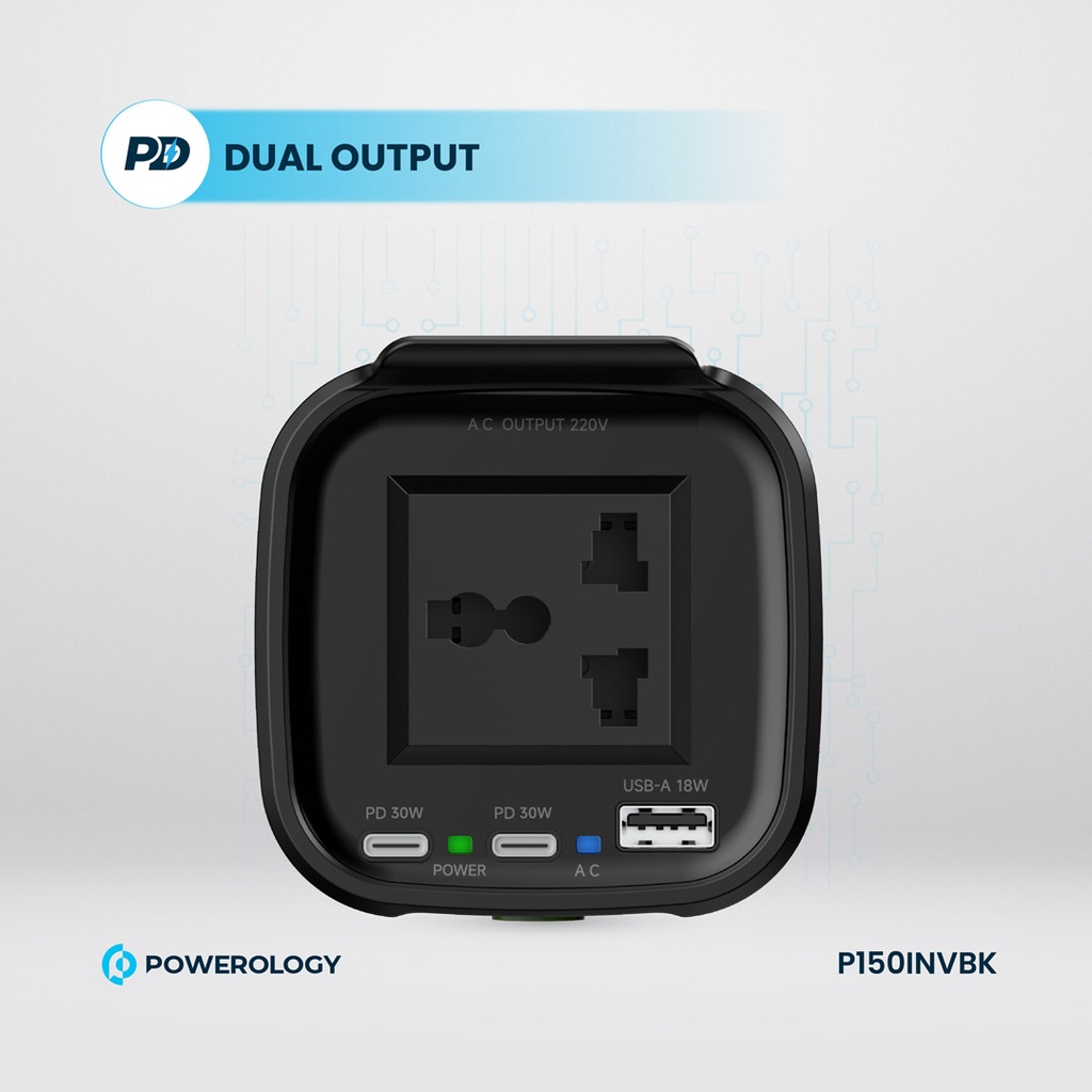 POWEROLOGY POWER INVERTER CUP HOLDER 150W 30 PD DUAL USB C & USB A QC3.0 BLACK P150INVBK - Image 3