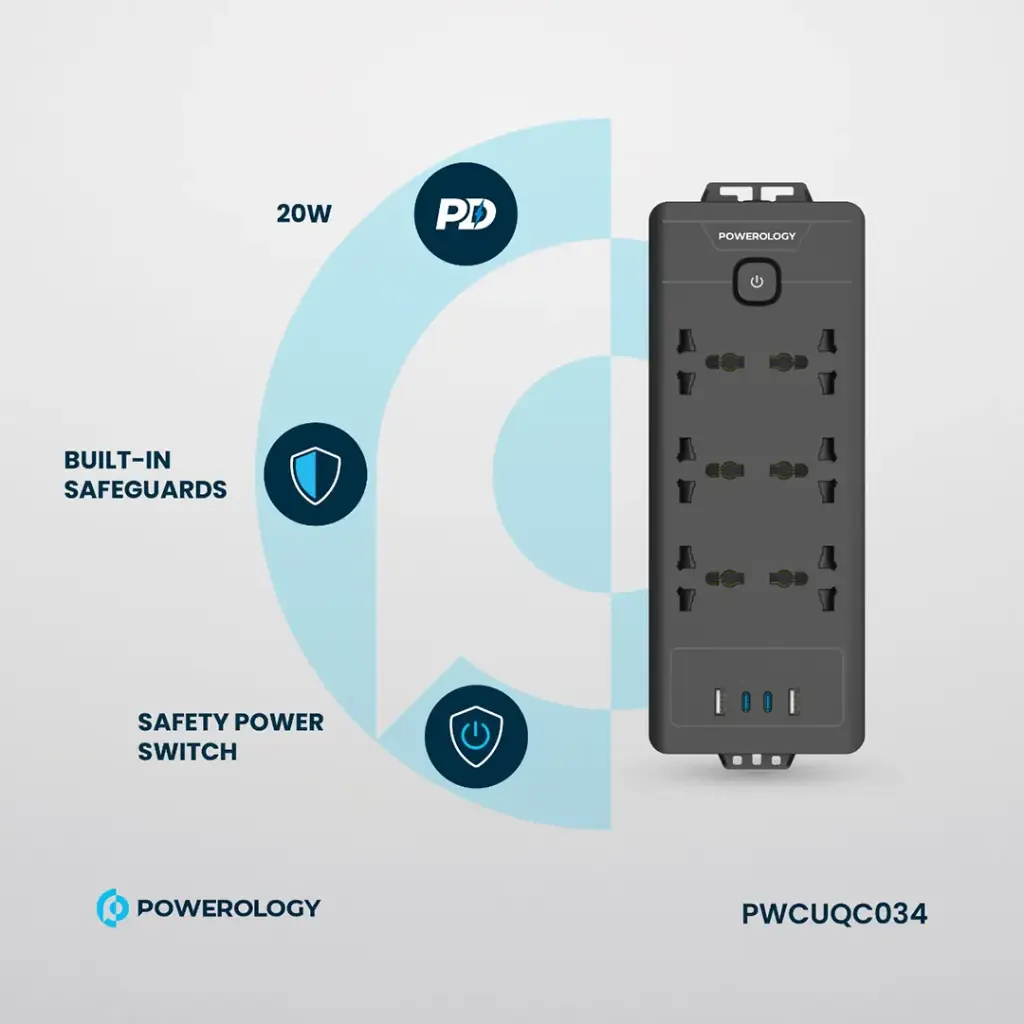 POWEROLOGY 6AC 2500W POWER STRIP BLACK PWCUQC034 - Image 2