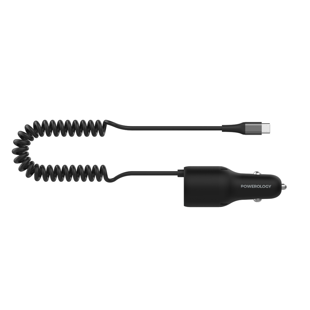 POWEROLOGY DUAL PORT QC 3.0 CAR CHARGER PD 100W WITH COILED CABLE BLACK PCCSR016 - Image 2
