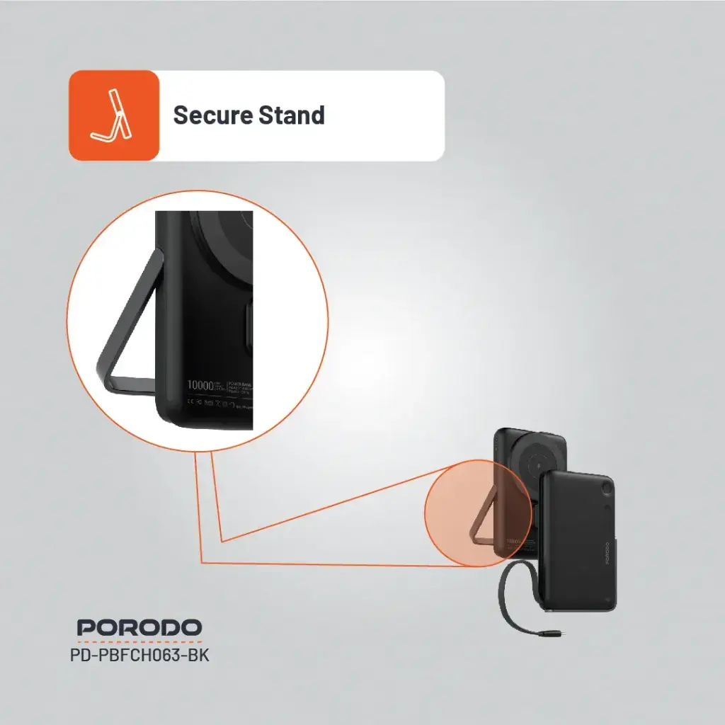 PORODO 10000MAH POWERBANK BUILT IN TYPE C CABLE WITH STAND BLACK PD-PBFCH065-BK - Image 5