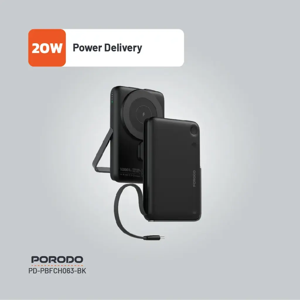 PORODO 10000MAH POWERBANK BUILT IN TYPE C CABLE WITH STAND BLACK PD-PBFCH065-BK - Image 4