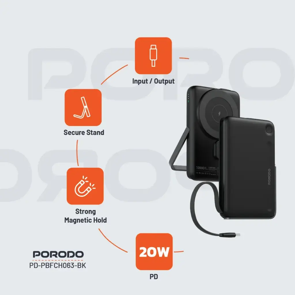 PORODO 10000MAH POWERBANK BUILT IN TYPE C CABLE WITH STAND BLACK PD-PBFCH065-BK - Image 3