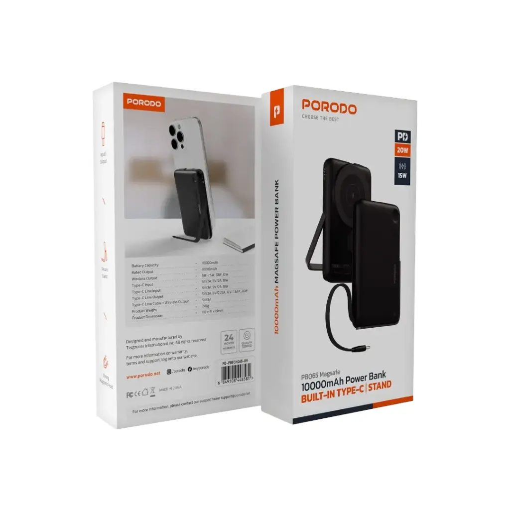 PORODO 10000MAH POWERBANK BUILT IN TYPE C CABLE WITH STAND BLACK PD-PBFCH065-BK - Image 2