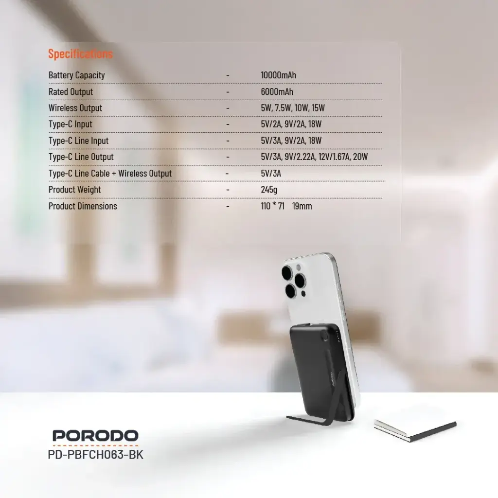 PORODO 10000MAH POWERBANK BUILT IN TYPE C CABLE WITH STAND BLACK PD-PBFCH065-BK - Image 6