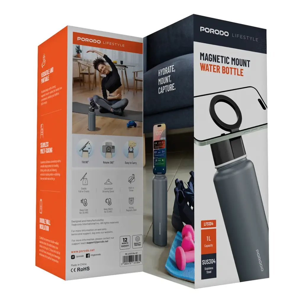 PORODO LIFESTYLE MAGNETIC MOUNT WATER BOTTLE GREY PD-LFST134-GY - Image 3