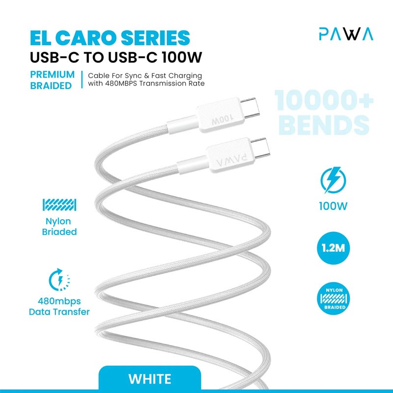 PAWA EL CARO SERIES USB C TO USB C 100W PREMIUM BRAIDED 1.2M CABLE WHITE PW-12B100CC-WH - Image 2