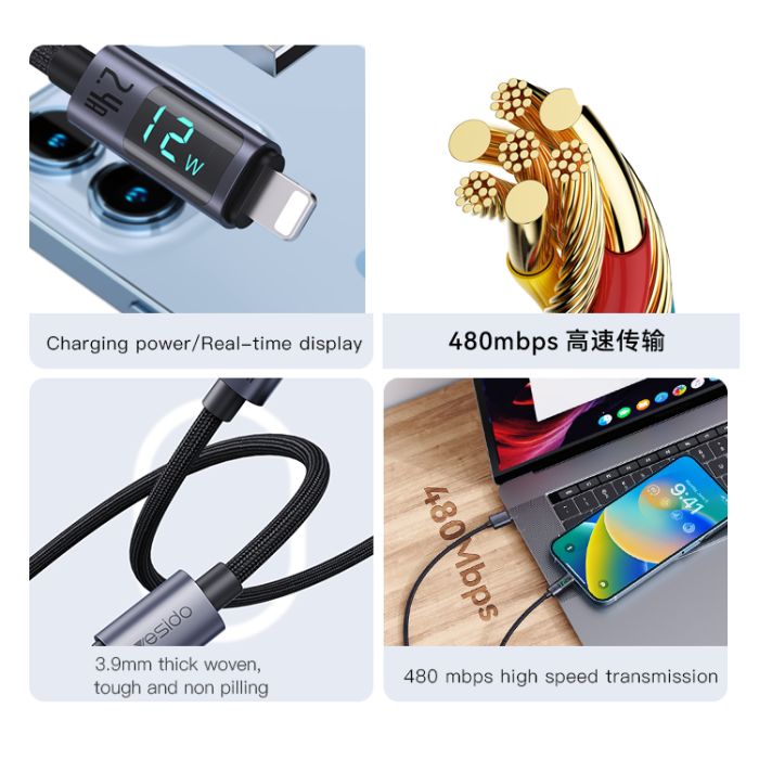 YESIDO USB A TO LIGHTNING CALE 12W GREY CA137L - Image 4
