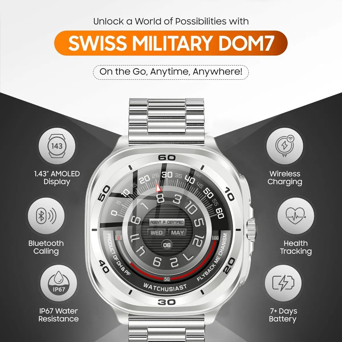 SWISS MILITARY DOM 7 SILVER FRAME WITH SILVER STAINLESS STEEL STRAP SM-WCH-DOM7-SILF-SILSTL - Image 3
