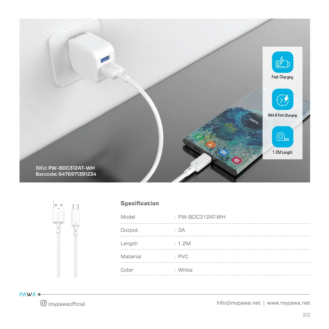 PAWA 3A USB A TO TYPE C QUICK CHARGING PVC CABLE 1.2M PW122 WHITE PW-BDC312AT-WH - Image 3