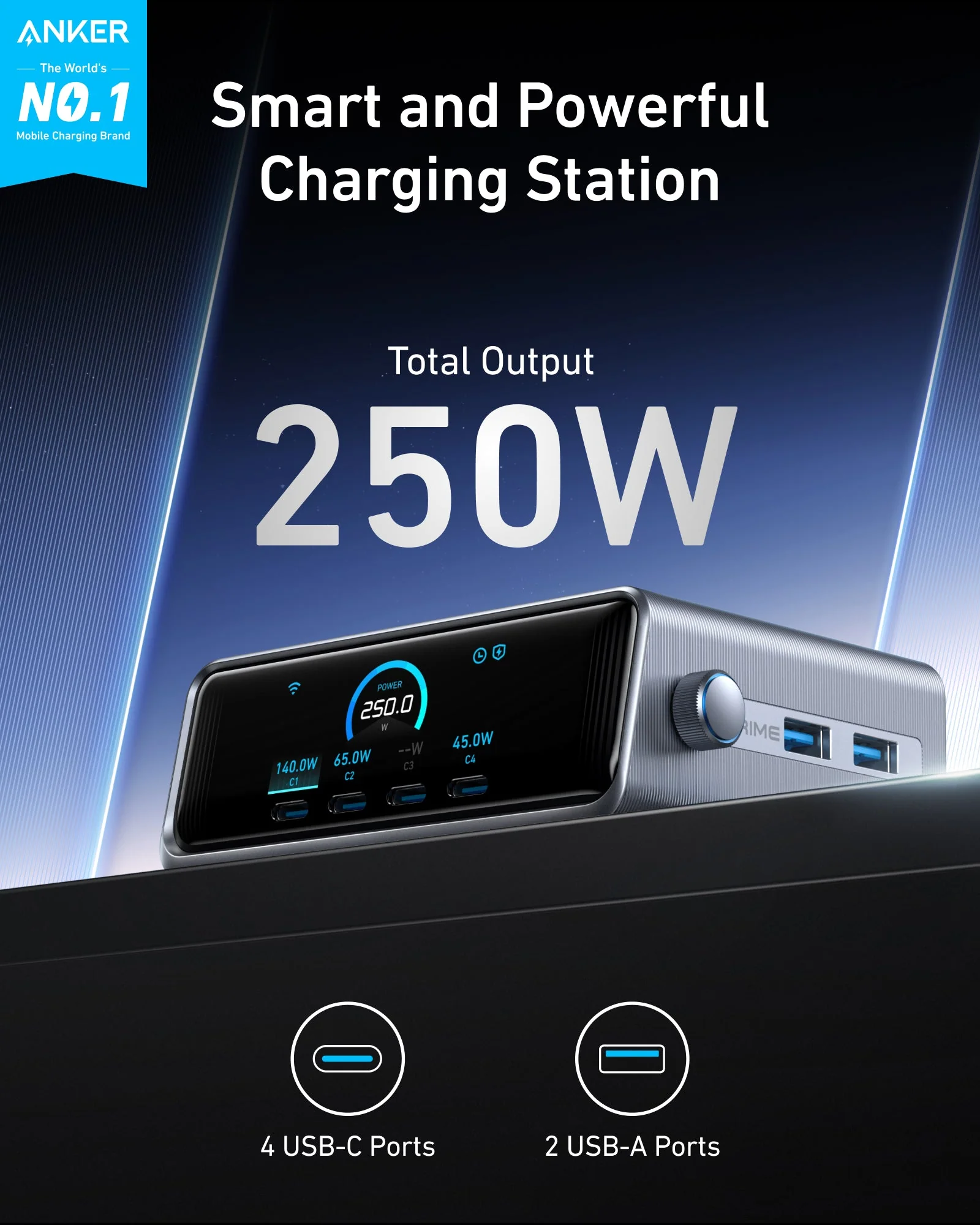 ANKER PRIME 250W SMART ULTRA POWERFUL DESKTOP CHARGER 6 PORTS SILVER A2345241 - Image 5