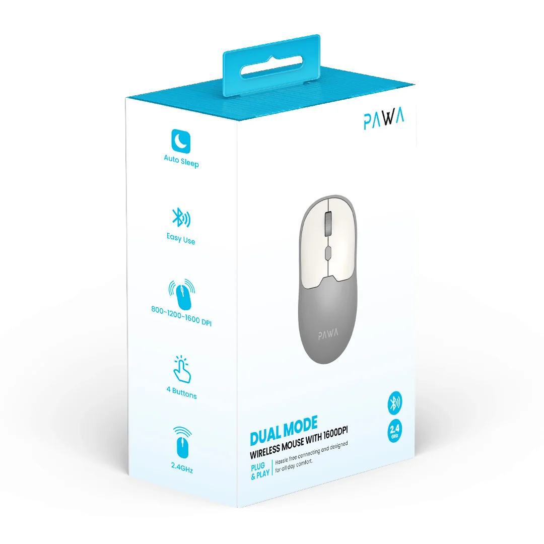 PAWA DUAL MODE WIRELESS MOUSE WITH 1600 DPI GREY WHITE PW-CABTMK16-GYWH - Image 2