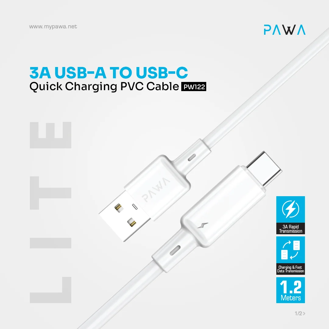 PAWA 3A USB A TO TYPE C QUICK CHARGING PVC CABLE 1.2M PW122 WHITE PW-BDC312AT-WH - Image 4