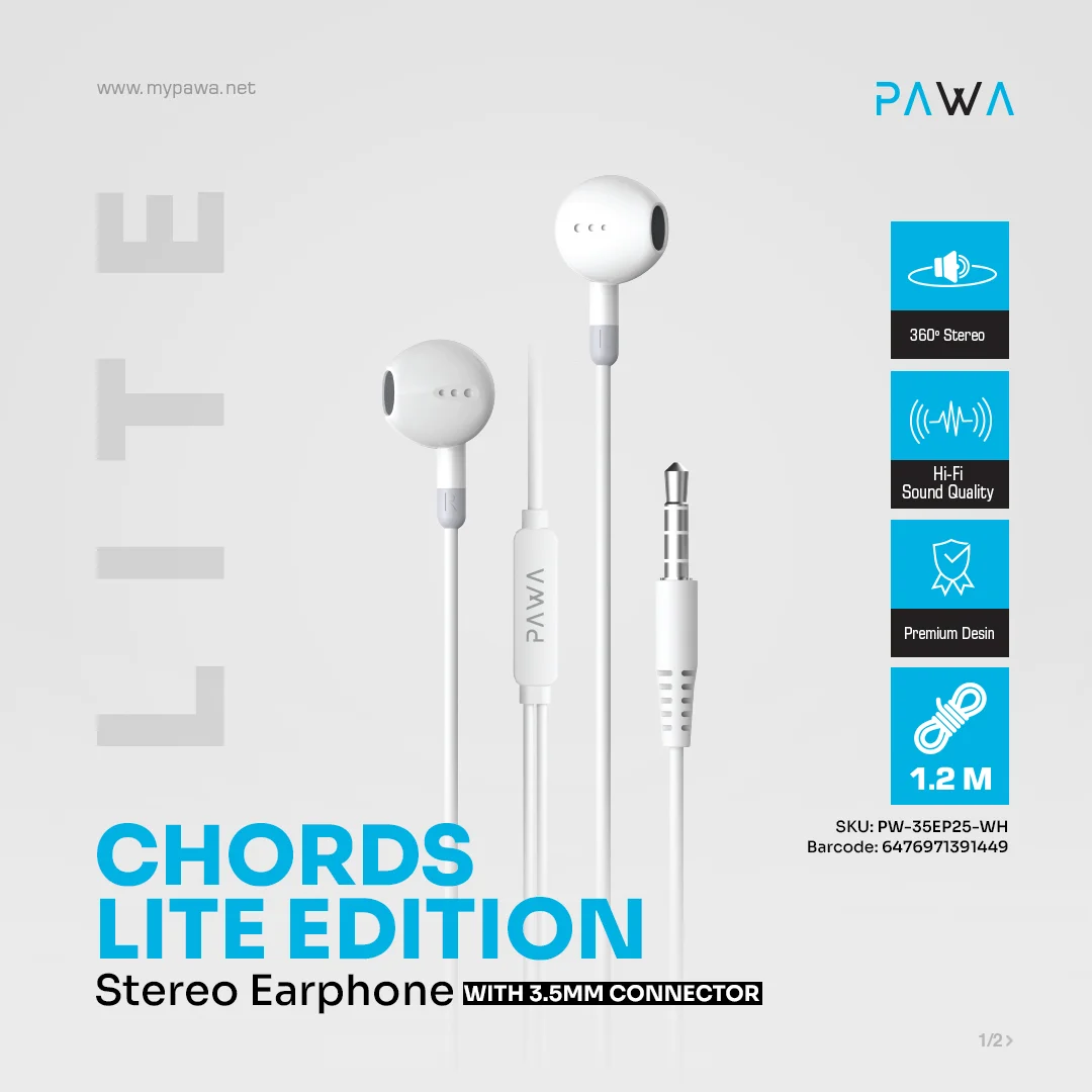 PAWA CHORDS LITE EDITION STEREO EARPHONE WITH 3.5MM CONNECTOR PW-35EP25-WH - Image 3