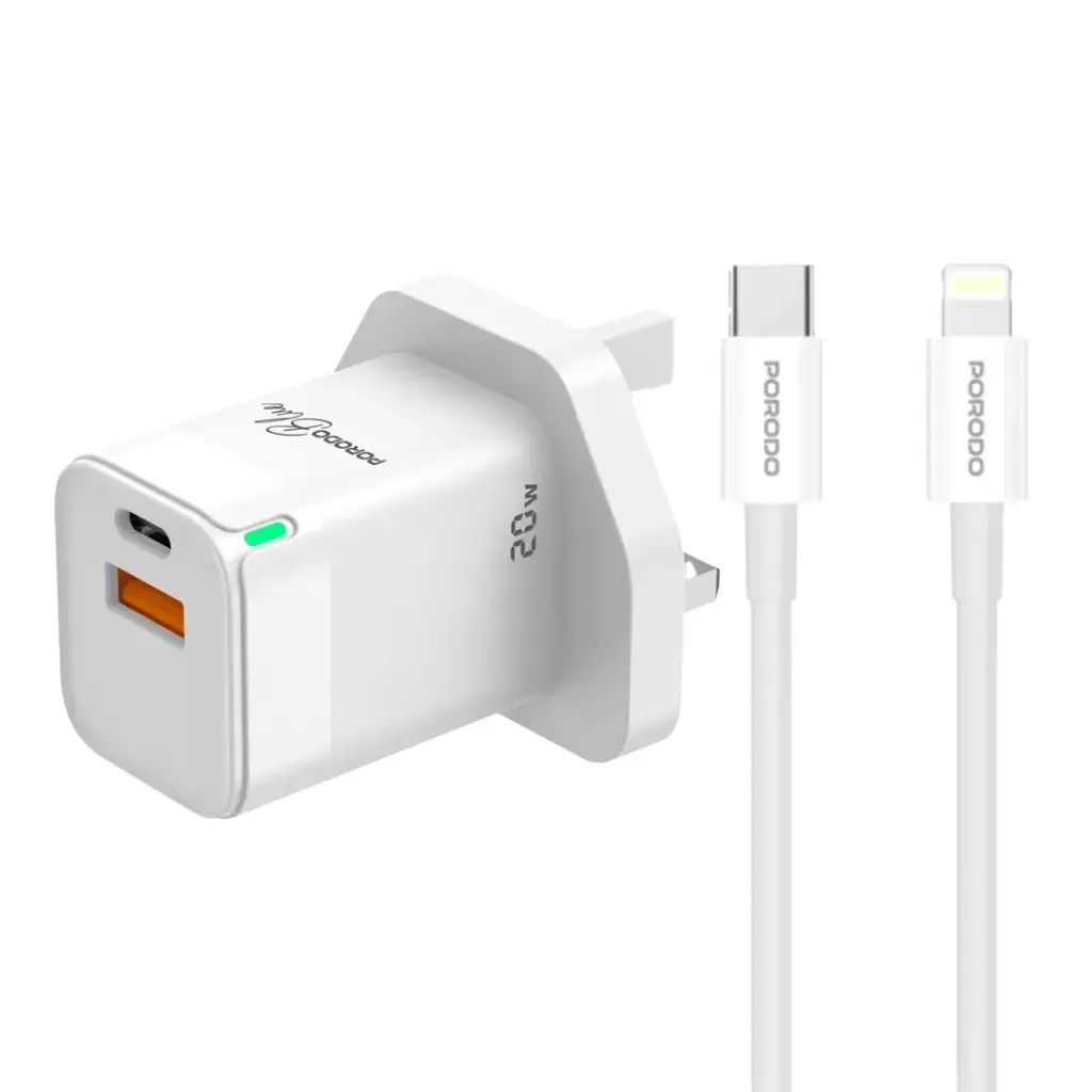 PORODO BLUE USB A AND USB C 20W ULTRA QUICK CHARGER WITH LIGHTNING CABLE WHITE PB-FWCH036-WH-L - Image 7
