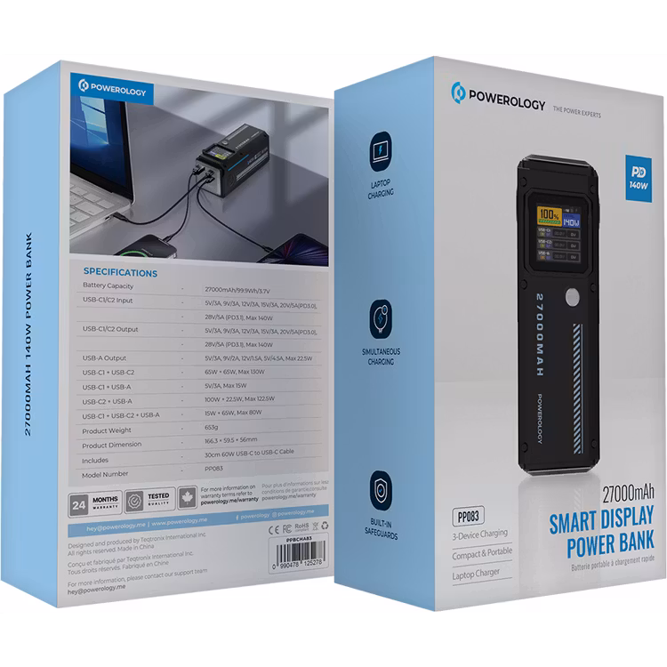 POWEROLOGY POWER BANK 27000MAH PD 140W WITH SMART DISPLAY PP083 BLACK PPBCHA83 - Image 2