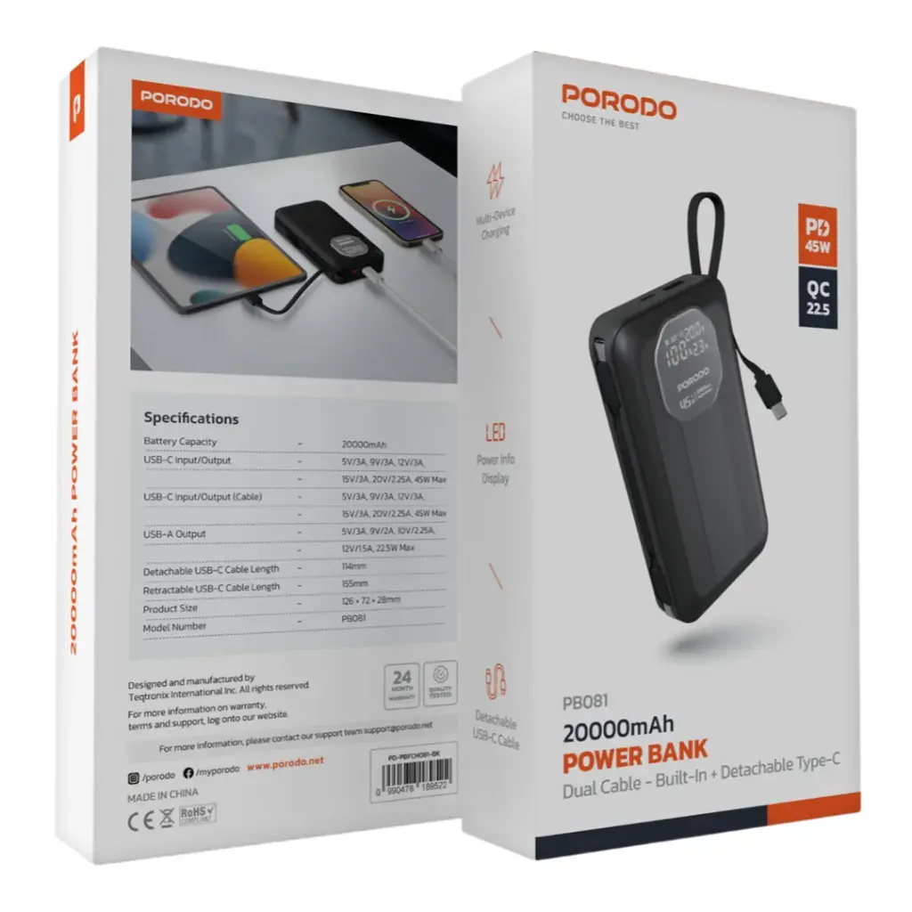 PORODO POWER BANK 20000MAH DUAL CABLE IN BUILT DETACHABLE TYPE C BLACK PD-PBFCH081-BK - Image 2