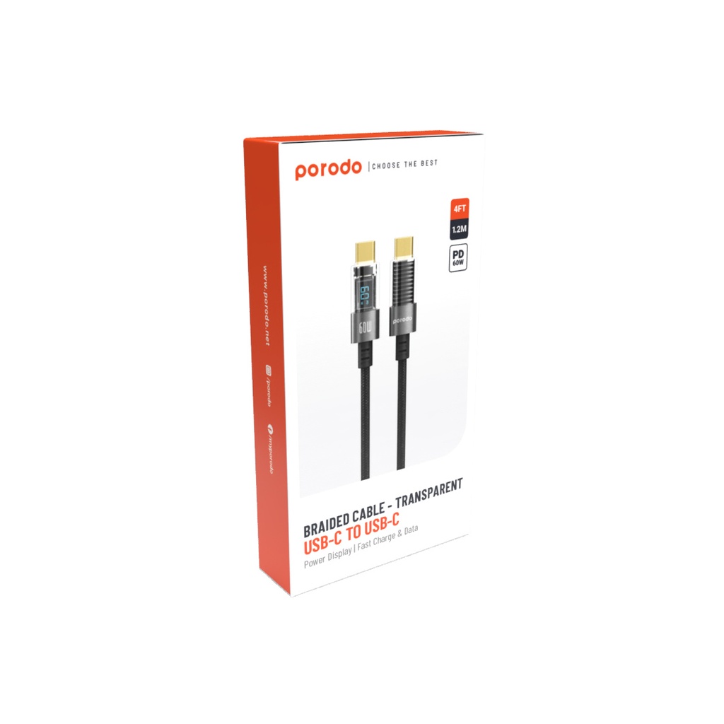 PORODO USB C TO USB C BRAIDED CABLE TRANSPARENT 1.2M BLACK PD-60CCD-BK - Image 2