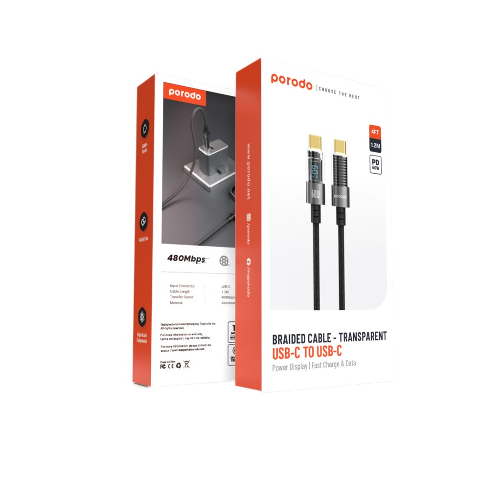 PORODO USB C TO USB C BRAIDED CABLE TRANSPARENT 1.2M BLACK PD-60CCD-BK - Image 3