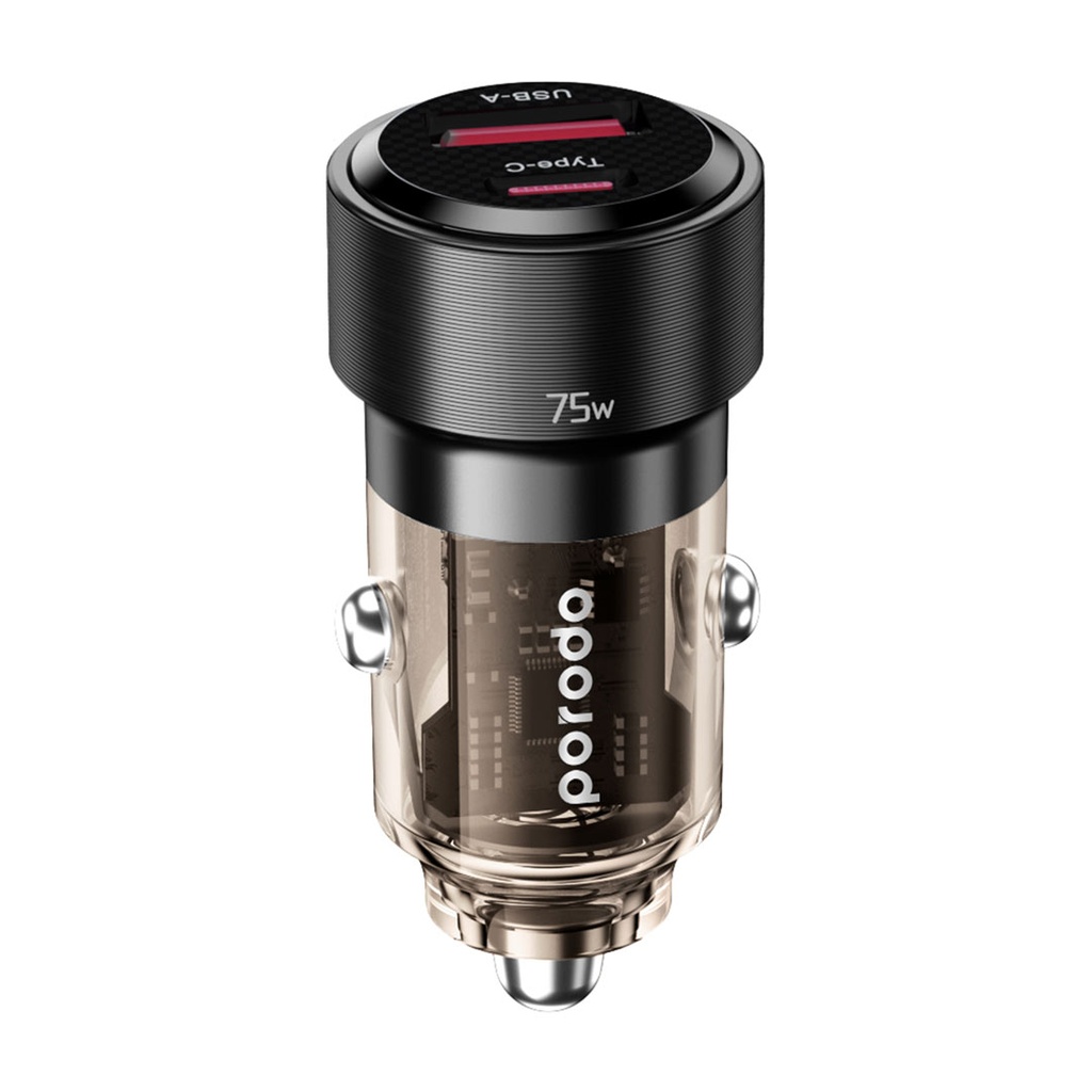 PORODO 75W DUAL PORT TRANSPARENT ALUMINIUM CAR CHARGER BLACK PD-75TDCC-BK - Image 3