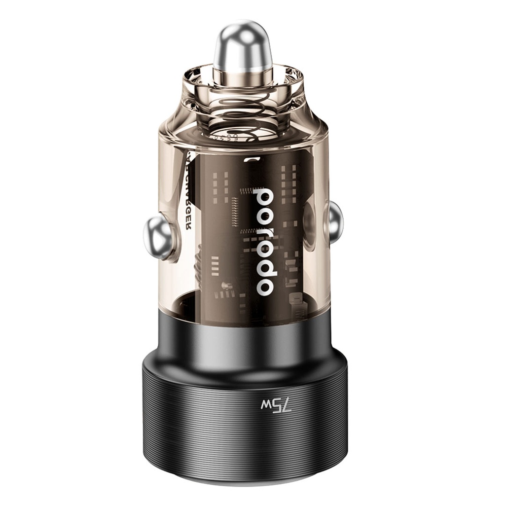 PORODO 75W DUAL PORT TRANSPARENT ALUMINIUM CAR CHARGER BLACK PD-75TDCC-BK - Image 2