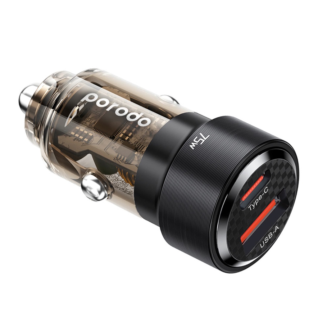 PORODO 75W DUAL PORT TRANSPARENT ALUMINIUM CAR CHARGER BLACK PD-75TDCC-BK - Image 4