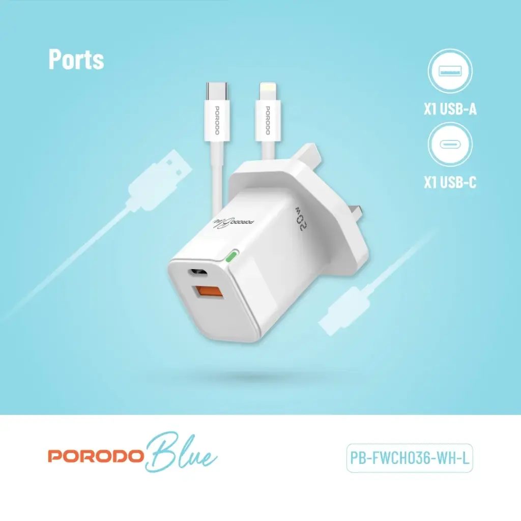 PORODO BLUE USB A AND USB C 20W ULTRA QUICK CHARGER WITH LIGHTNING CABLE WHITE PB-FWCH036-WH-L - Image 4