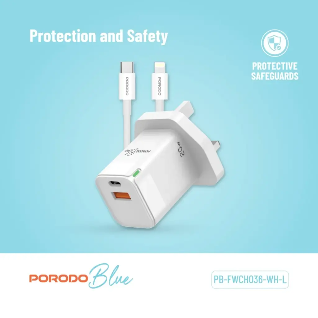 PORODO BLUE USB A AND USB C 20W ULTRA QUICK CHARGER WITH LIGHTNING CABLE WHITE PB-FWCH036-WH-L - Image 3