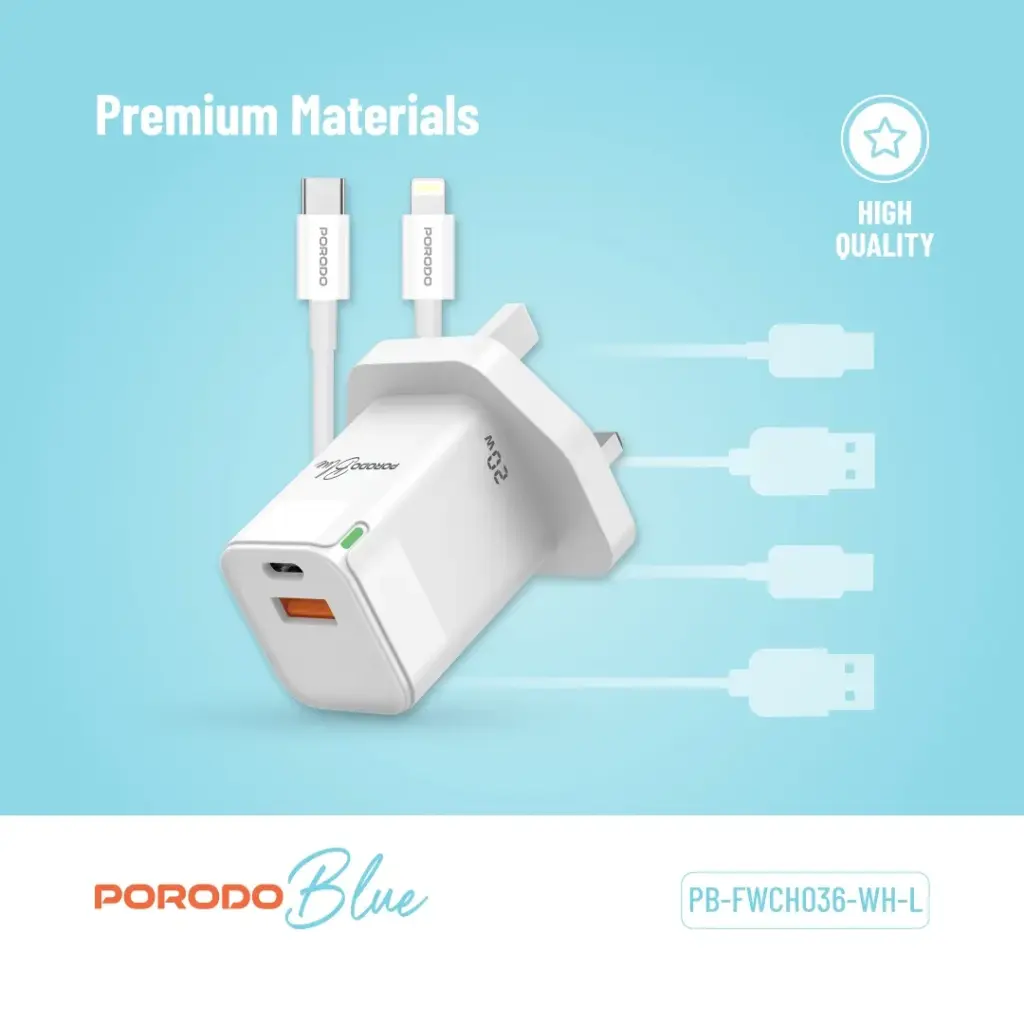 PORODO BLUE USB A AND USB C 20W ULTRA QUICK CHARGER WITH LIGHTNING CABLE WHITE PB-FWCH036-WH-L - Image 6