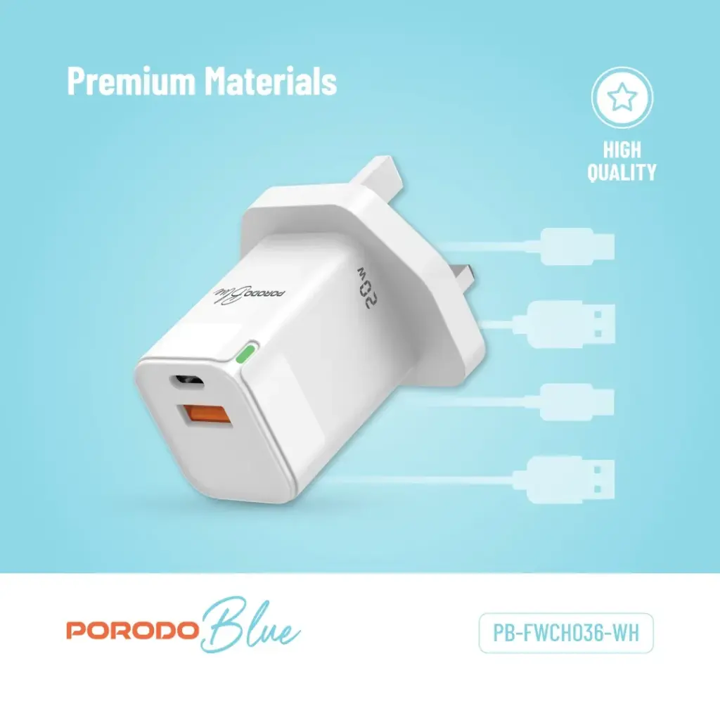 PORODO BLUE USB A AND USB C 20W ULTRA QUICK CHARGER WHITE PB-FWCH036-WH - Image 4