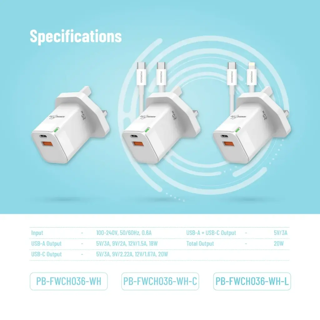 PORODO BLUE USB A AND USB C 20W ULTRA QUICK CHARGER WHITE PB-FWCH036-WH - Image 5