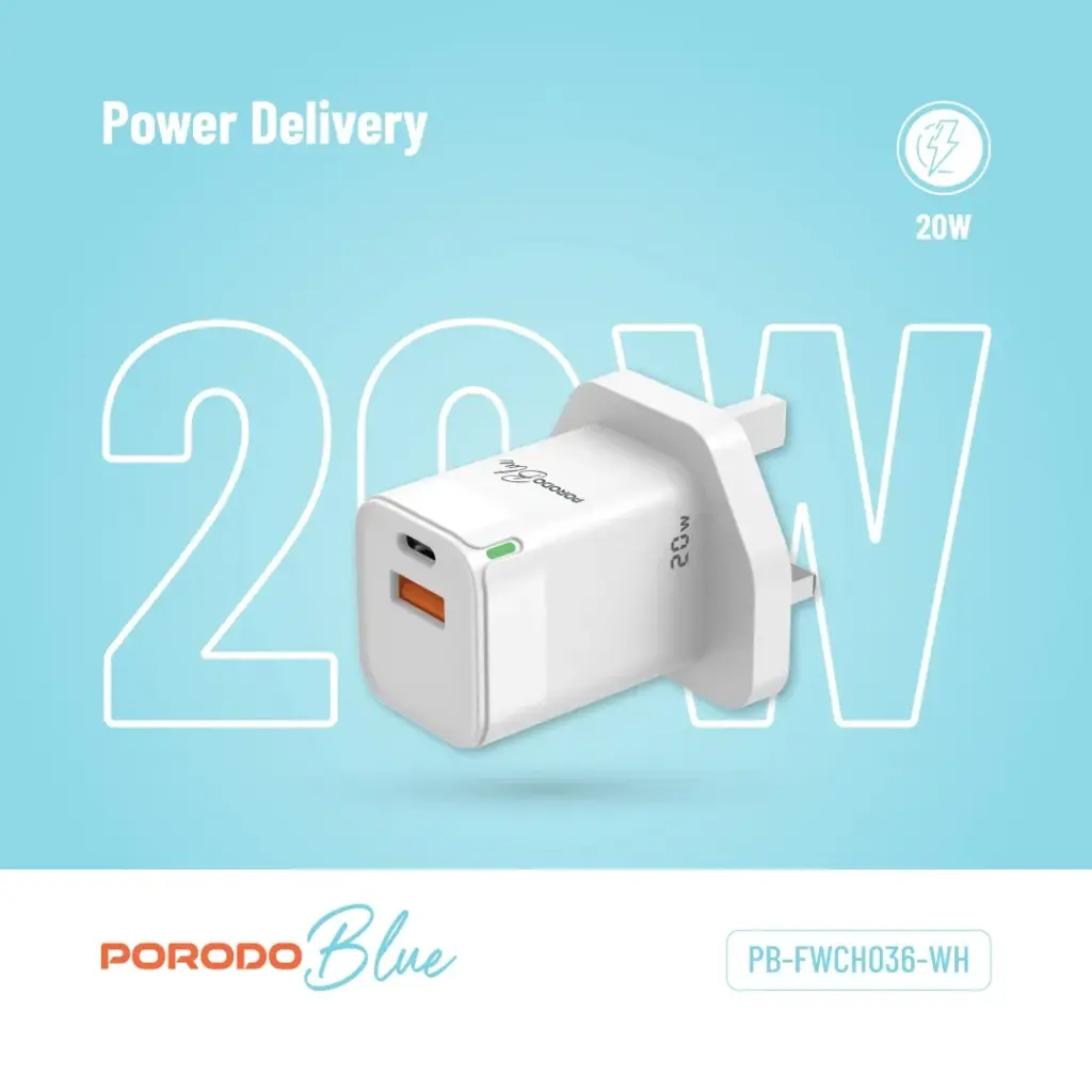 PORODO BLUE USB A AND USB C 20W ULTRA QUICK CHARGER WHITE PB-FWCH036-WH - Image 6