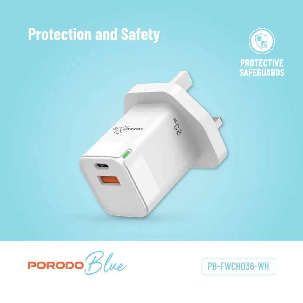 PORODO BLUE USB A AND USB C 20W ULTRA QUICK CHARGER WHITE PB-FWCH036-WH - Image 7