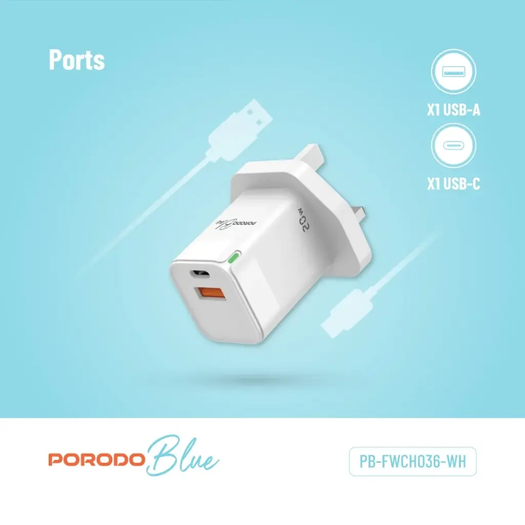 PORODO BLUE USB A AND USB C 20W ULTRA QUICK CHARGER WHITE PB-FWCH036-WH - Image 8