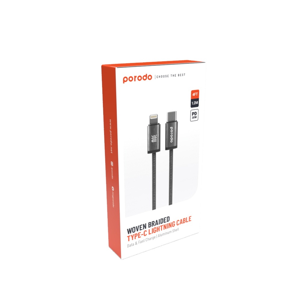 PORODO WOVEN BRAIDED TYPE C TO LIGHTNING CABLE 1.2M BLACK PD-W30LC1-BK - Image 2