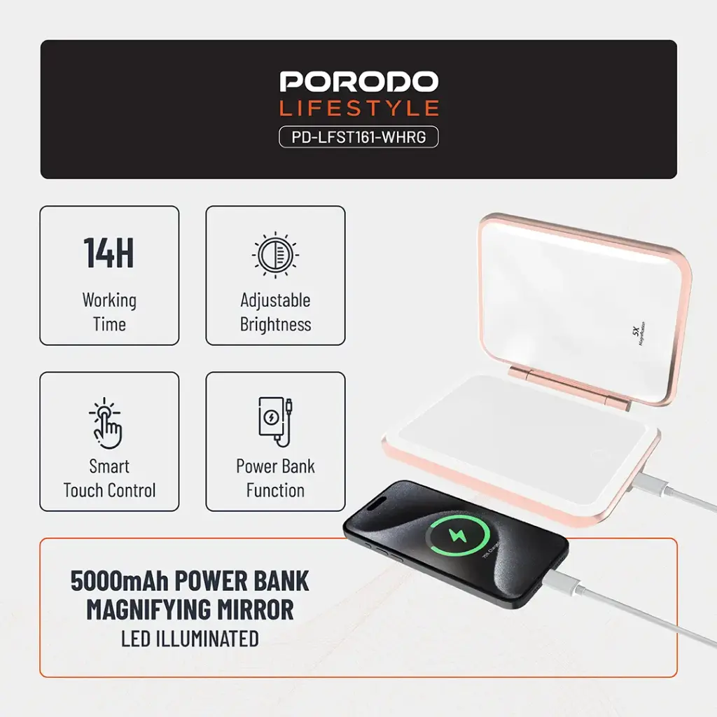 PORODO LIFESTYLE 5000MAH POWERBANK MAGNIFYING MIRROR PD-LFST161-WHRG - Image 3