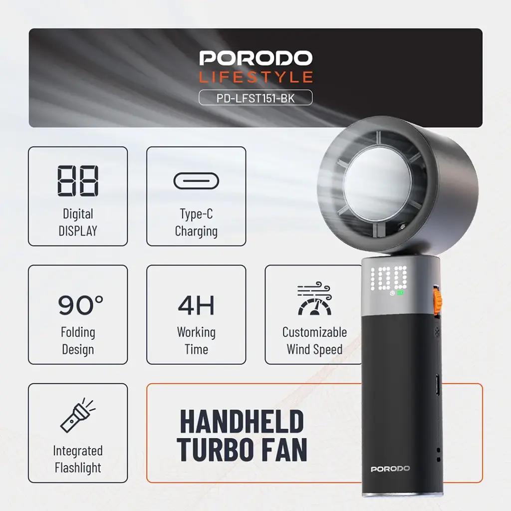PORODO LIFESTYLE HANDHELD TURBO FAN BLACK PD-LFST151-BK - Image 7
