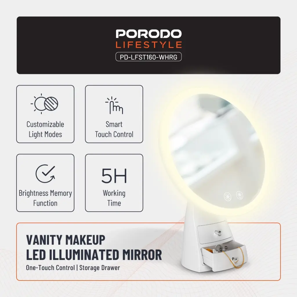 PORODO LIFESTYLE VANITY MAKEUP LED ILLUMINATED MIRROR PD-LFST160-WHRG - Image 3
