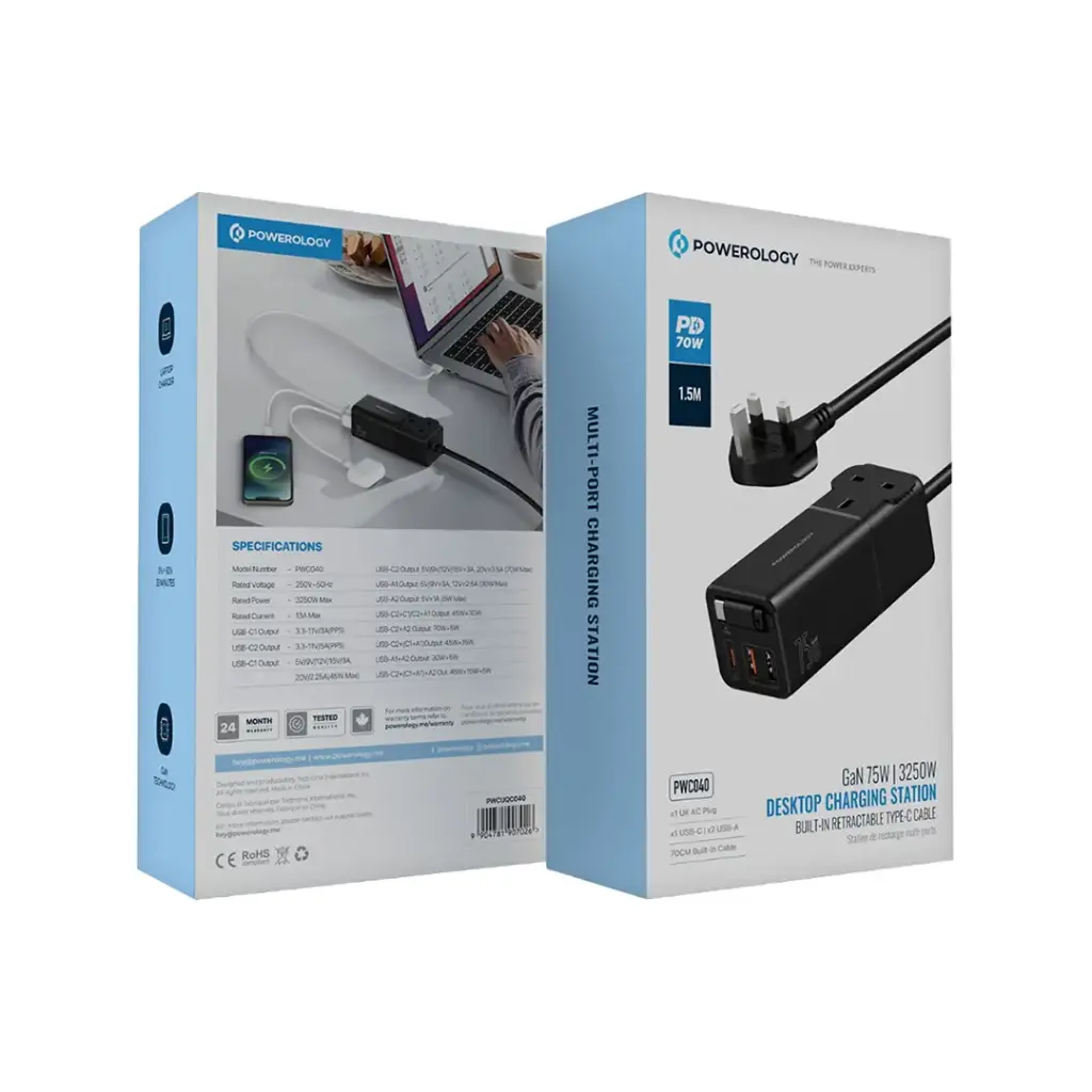 POWEROLOGY GAN 75W 3250W DESKTOP CHARGING STATION BUILT IN TYPE C CABLE BLACK PWCUQC040 - Image 2