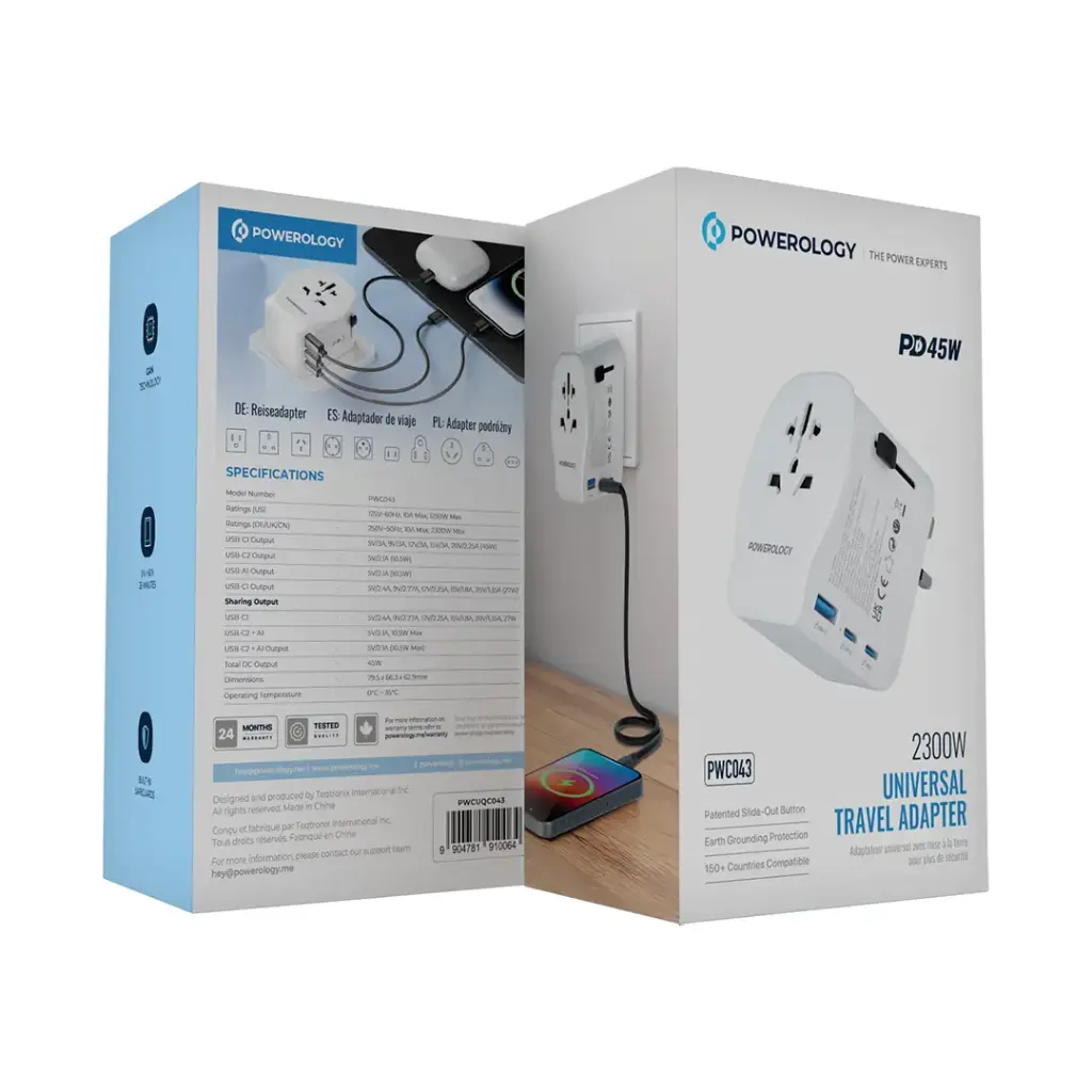 POWEROLOGY UNIVERSAL TRAVEL ADAPTER PD 45W 2300W WHITE PWCUQC043 - Image 2