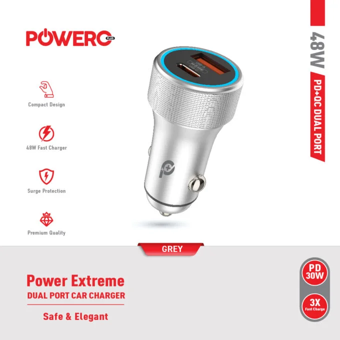POWERO PLUS 48W POWER EXTREME DUAL PORT CAR CHARGER WITH TYPE C TO LIGHTNING CABLE PD30W GREY PR-CCPD48CC-GY - Image 3