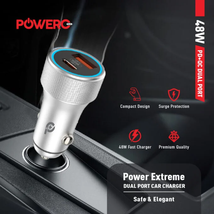 POWERO PLUS 48W POWER EXTREME DUAL PORT CAR CHARGER WITH TYPE C TO LIGHTNING CABLE PD30W GREY PR-CCPD48CC-GY - Image 2