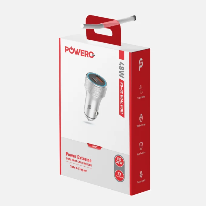 POWERO PLUS 48W POWER EXTREME DUAL PORT CAR CHARGER PD30W GREY PR-CCPD48-GY - Image 4