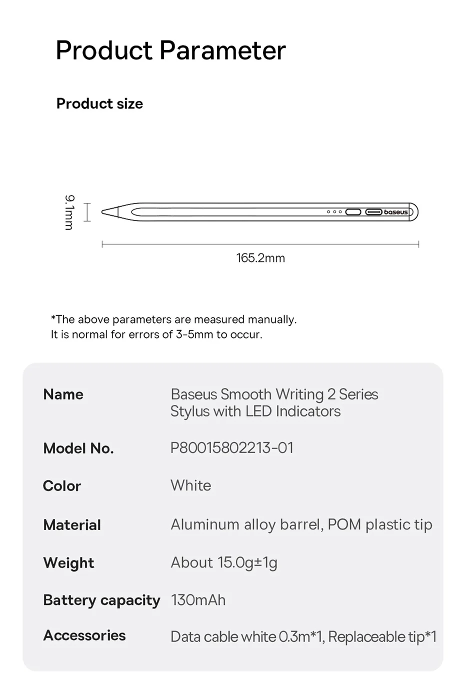BASEUS SMOOTH WRITING 2 SERIES STYLUS LITE WITH LED INDICATORS ACTIVE WIRELESS VERSION MOON WHITE BS-PS043 - Image 3