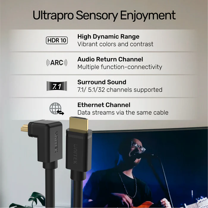 UNITEK 4K ULTRA HD HDMI RIGHT ANGLE 270 DEGREE ELBOW CABLE BLACK Y-C1009 - Image 3