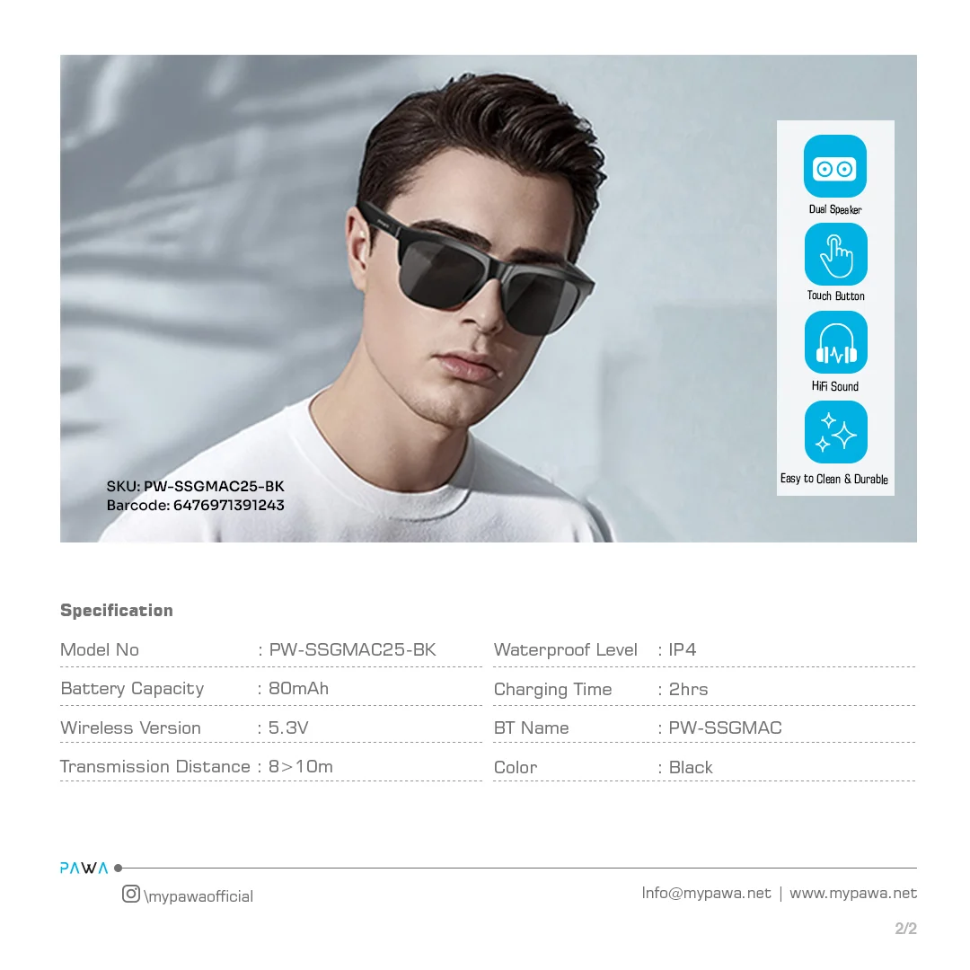 PAWA SMART SUNGLASS WITH MUSIC AND CALL BLACK SSGMAC25-BK - Image 4