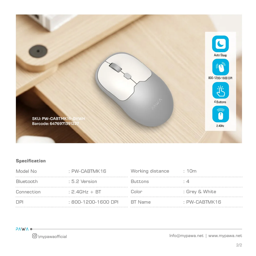 PAWA DUAL MODE WIRELESS MOUSE WITH 1600 DPI GREY WHITE PW-CABTMK16-GYWH - Image 3