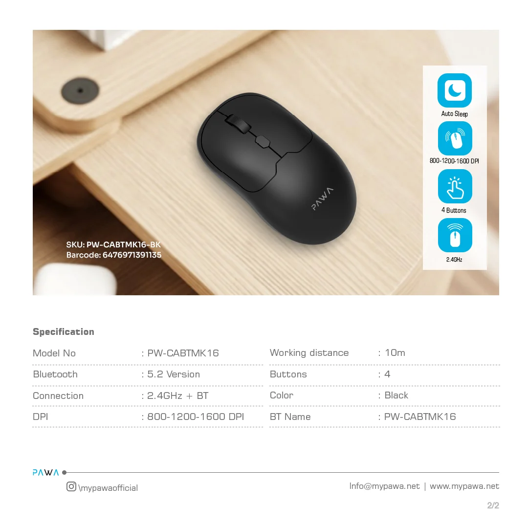 PAWA DUAL MODE WIRELESS MOUSE WITH 1600 DPI BLACK PW-CABTMK16-BK - Image 3