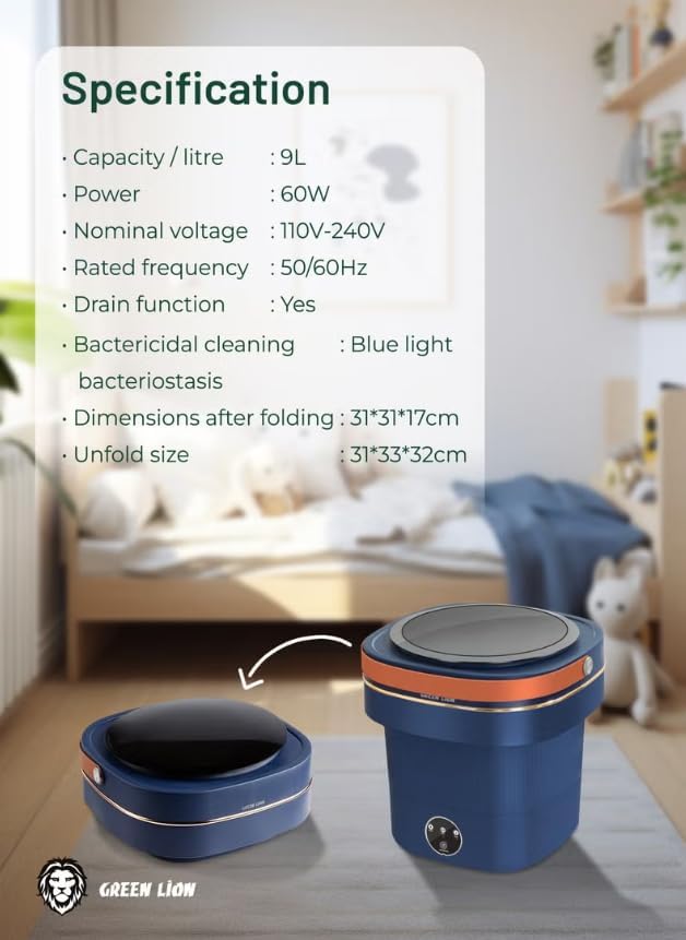 GREEN LION FOLDABLE MINI WASHING MACHINE 9L 60W BLUE GNMINIWM9LBL - Image 4
