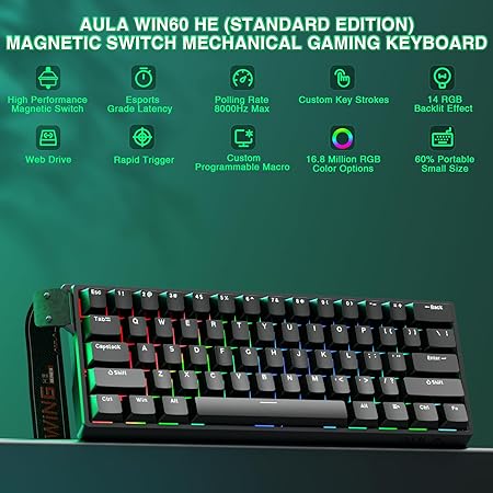 AULA 60 KEYS RGB 60% WIRED MECHANICAL GAMING KEYBOARD GRAYWOOD MAGNETIC SWITCH BLACK WIN60 - Image 9
