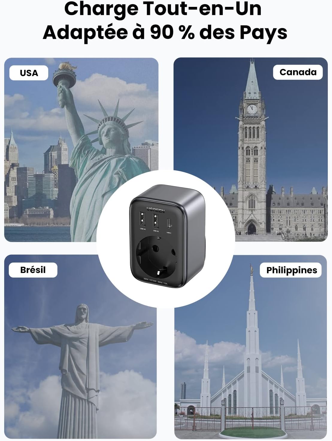UGREEN 4 IN 1 TRAVEL ADAPTER BLACK 15261 - Image 3
